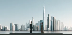 Couple standing facing each other, Dubai city skyline in background